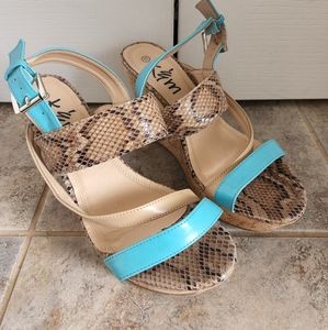 K&M Wedges, Blue and Faux Snake Skin, Size 11
